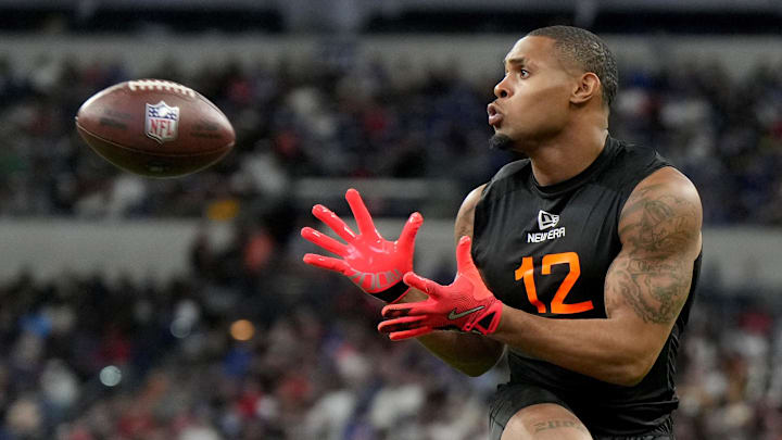 Mar 1, 2025; Indianapolis, IN, USA; Auburn running back Jarquez Hunter (RB12) during the 2025 NFL Combine at Lucas Oil Stadium. Mandatory Credit: Kirby Lee-Imagn Images