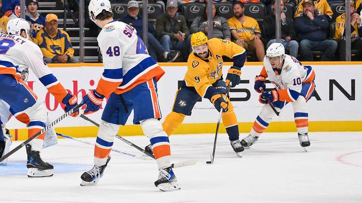 Oct 27, 2026; Nashville, Tennessee, USA; Nashville Predators left wing Filip Forsberg (9) takes a shot on goal and scores against the New York Islanders during the second period at Bridgestone Arena. Mandatory Credit: Steve Roberts-Imagn Images Oct 27, 2026; Nashville, Tennessee, USA; Nashville Predators left wing Filip Forsberg (9) takes a shot on goal and scores against the New York Islanders during the second period at Bridgestone Arena. Mandatory Credit: Steve Roberts-Imagn Images