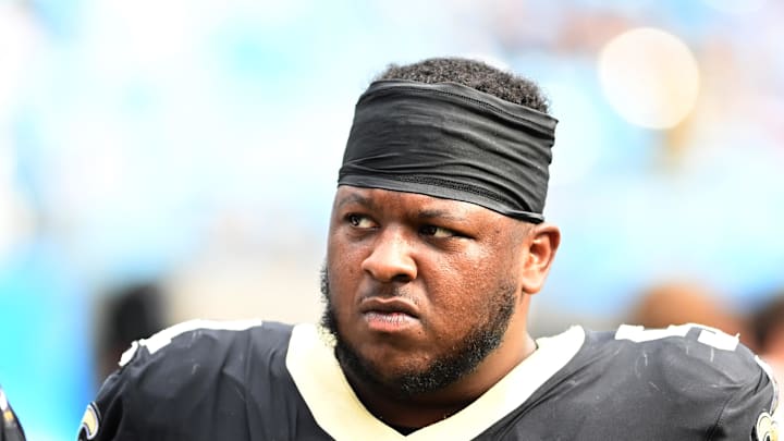 Sep 19, 2021; Charlotte, North Carolina, USA;  New Orleans Saints center Cesar Ruiz (51) on the sidelines in the fourth quarter at Bank of America Stadium. Mandatory Credit: Bob Donnan-Imagn Images