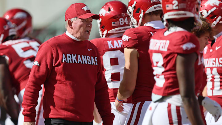 Nov 1, 2025; Fayetteville, Arkansas, USA; Arkansas Razorbacks interim head coach Bobby Petrino prior to the game against the Mississippi State Bulldogs at Donald W. Reynolds Razorback Stadium. Mandatory Credit: Nelson Chenault-Imagn Images
