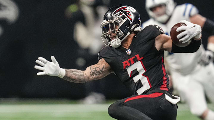 Dec 24, 2023; Atlanta, Georgia, USA; Atlanta Falcons safety Jessie Bates III (3) runs after