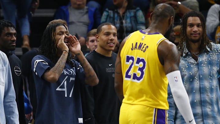  Memphis Grizzlies guard Ja Morant (left) and guard Desmond Bane (right) reacts toward Los Angeles Lakers forward LeBron James (23) during the second half at FedExForum. Mandatory Credit: Petre Thomas-Imagn Images