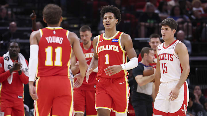 Oct 6, 2025; Houston, Texas, USA; Atlanta Hawks forward Jalen Johnson (1) reacts after a play during the second quarter against the Houston Rockets at Toyota Center. Mandatory Credit: Troy Taormina-Imagn Images