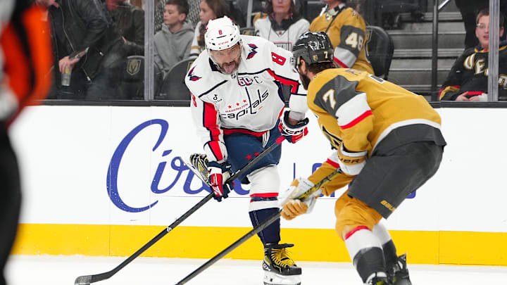 Nov 17, 2024; Las Vegas, Nevada, USA; Washington Capitals left wing Alex Ovechkin (8) shoots against the Vegas Golden Knights during the first period at T-Mobile Arena. Mandatory Credit: Stephen R. Sylvanie-Imagn Images
