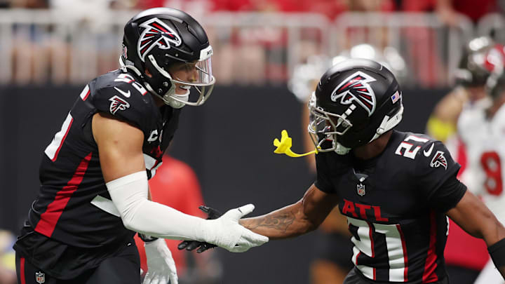 Atlanta Falcons linebacker Kaden Elliss and cornerback Mike Hughes Atlanta Falcons linebacker Kaden Elliss and cornerback Mike Hughes