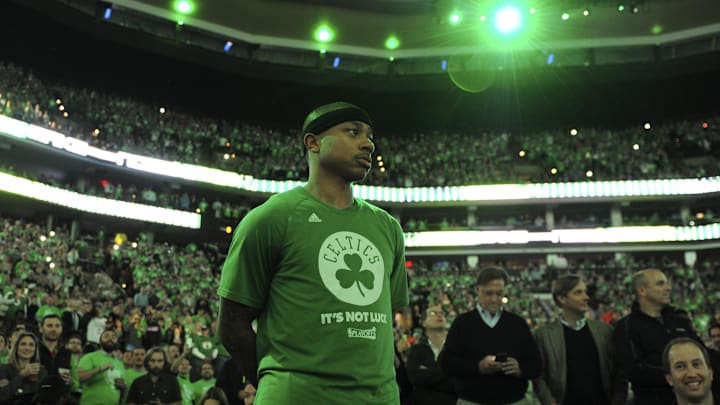 Boston Celtics guard Isaiah Thomas (4) looks on during player introductions prior to game seven of the second round of the 2017 NBA Playoffs against the Washington Wizards at TD Garden.