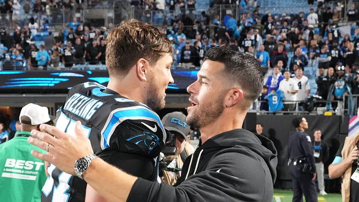 Oct 4, 2026; Charlotte, North Carolina, USA; Carolina Panthers head coach Dave Canales with offensive tackle Monroe Freeling (57) after the game at Bank of America Stadium. Mandatory Credit: Bob Donnan-Imagn Images Oct 4, 2026; Charlotte, North Carolina, USA; Carolina Panthers head coach Dave Canales with offensive tackle Monroe Freeling (57) after the game at Bank of America Stadium. Mandatory Credit: Bob Donnan-Imagn Images