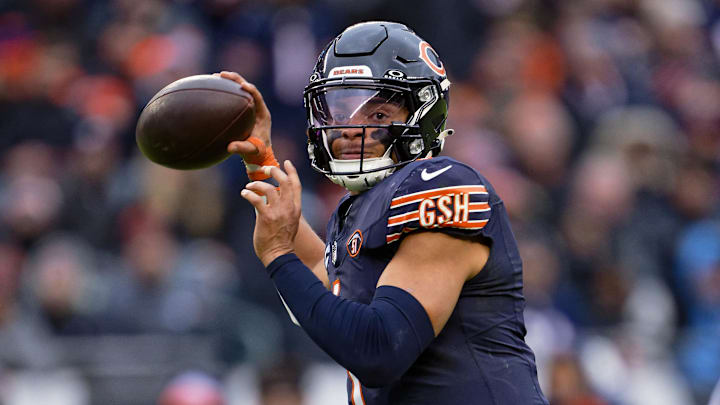 Dec 10, 2023; Chicago, Illinois, USA;  Chicago Bears quarterback Justin Fields (1) passes