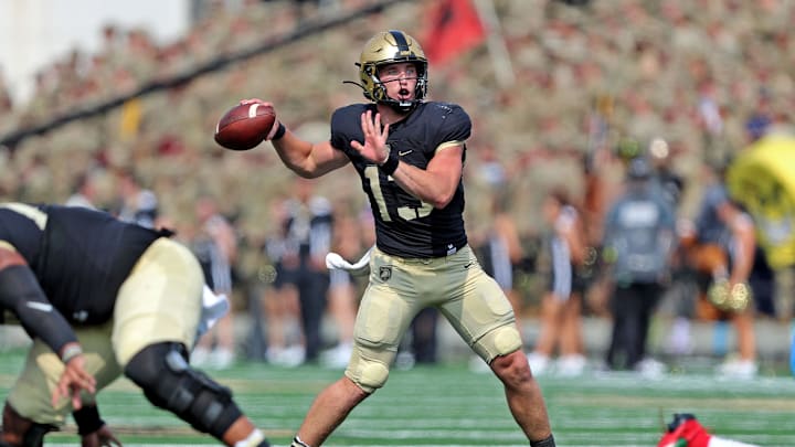 Sep 9, 2023; West Point, New York, USA; Army Black Knights quarterback Bryson Daily (13) throws a