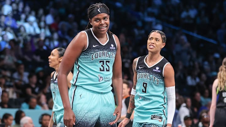 Aug 5, 2025; Brooklyn, New York, USA; New York Liberty center Jonquel Jones (35) and guard Natasha Cloud (9) at Barclays Center. Mandatory Credit: Wendell Cruz-Imagn Images Aug 5, 2025; Brooklyn, New York, USA; New York Liberty center Jonquel Jones (35) and guard Natasha Cloud (9) at Barclays Center. Mandatory Credit: Wendell Cruz-Imagn Images