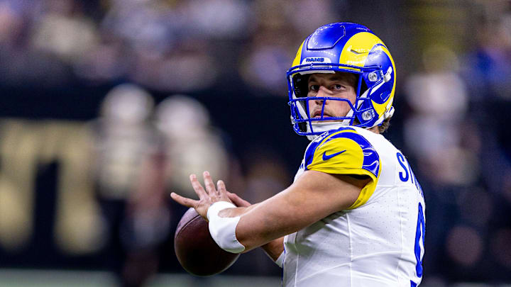 Dec 1, 2024; New Orleans, Louisiana, USA;  Los Angeles Rams quarterback Matthew Stafford (9) during warms up against the New Orleans Saints at Caesars Superdome. Mandatory Credit: Stephen Lew-Imagn Images