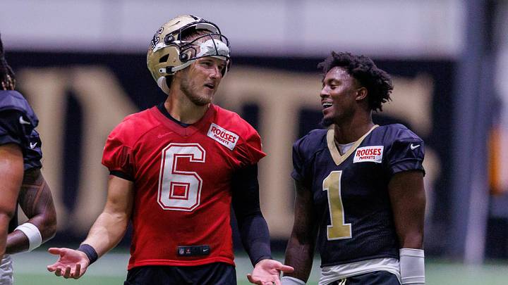 Aug 02, 2026; Metairie, LA, USA; New Orleans Saints quarterback Tyler Shough (6) talks with cornerback Kool-Aid McKinstry (1) during training camp at Ochsner Sports Performance Center. Mandatory Credit: Stephen Lew-Imagn Images Aug 02, 2026; Metairie, LA, USA; New Orleans Saints quarterback Tyler Shough (6) talks with cornerback Kool-Aid McKinstry (1) during training camp at Ochsner Sports Performance Center. Mandatory Credit: Stephen Lew-Imagn Images