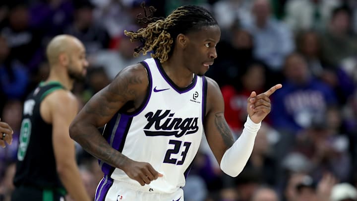 Jan 1, 2026; Sacramento, California, USA; Sacramento Kings guard Keon Ellis (23) reacts after making a three-point basket against the Boston Celtics during the second quarter at Golden 1 Center.