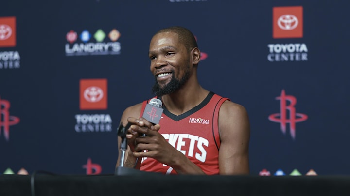 Sep 29, 2025; Houston, TX, USA;  Houston Rockets forward Kevin Durant (7) talks to media during Houston Rockets media day at Toyota Center. Mandatory Credit: Troy Taormina-Imagn Images