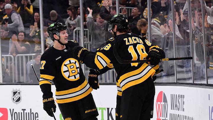 Oct 10, 2026; Boston, Massachusetts, USA;  Boston Bruins defenseman Will Borgen (17) celebrates a goal scored by center Pavel Zacha (18) during the first period against the Philadelphia Flyers at TD Garden. Mandatory Credit: Bob DeChiara-Imagn Images