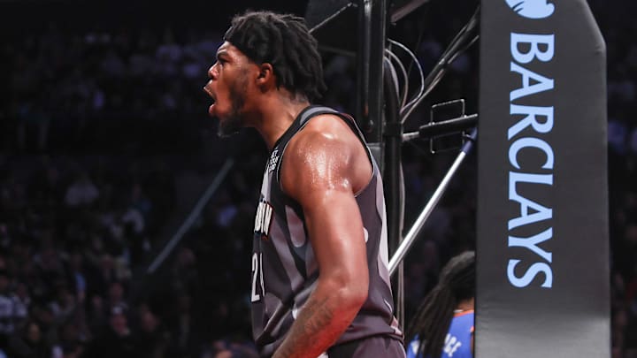 Feb 26, 2025; Brooklyn, New York, USA; Brooklyn Nets center Day'Ron Sharpe (20) celebrates after blocking a shot in the second quarter against the Oklahoma City Thunder at Barclays Center. Mandatory Credit: Wendell Cruz-Imagn Images Feb 26, 2025; Brooklyn, New York, USA; Brooklyn Nets center Day'Ron Sharpe (20) celebrates after blocking a shot in the second quarter against the Oklahoma City Thunder at Barclays Center. Mandatory Credit: Wendell Cruz-Imagn Images