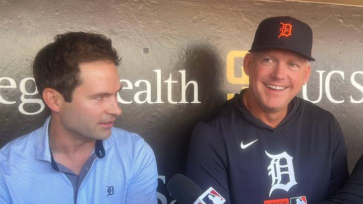Detroit Tigers president of baseball operations Scott Harris (left) and manager A.J. Hinch.