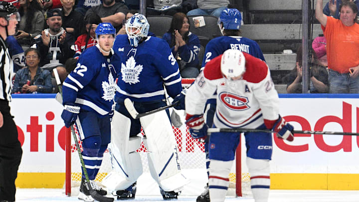 Sep 26, 2024; Toronto, Ontario, CAN;  Toronto Maple Leafs defenseman Jake McCabe (22) greets goalie Anthony Stolarz (41) after a win over the Montreal Canadiens at Scotiabank Arena. Mandatory Credit: Dan Hamilton-Imagn Images