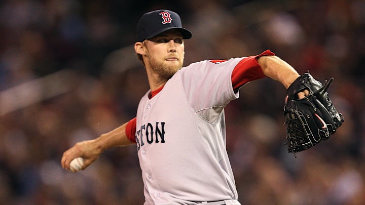 Apr 23, 2012; Minneapolis, MN, USA: Boston Red Sox relief pitcher Daniel Bard (51) delivers a pitch in the eighth inning against the Minnesota Twins at Target Field. The Red Sox won 6-5.