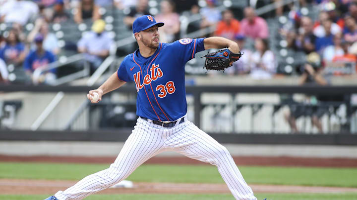 Aug 29, 2021; New York City, New York, USA;  New York Mets pitcher Tylor Megill (38) pitches in the