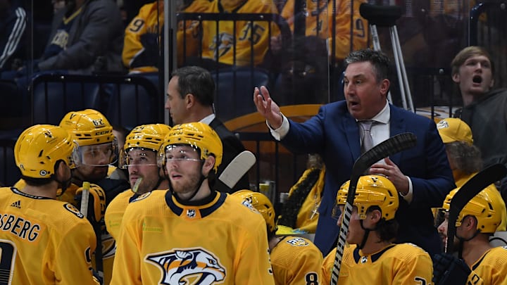 Dec 27, 2023; Nashville, Tennessee, USA; Nashville Predators head coach Andrew Brunette talks with