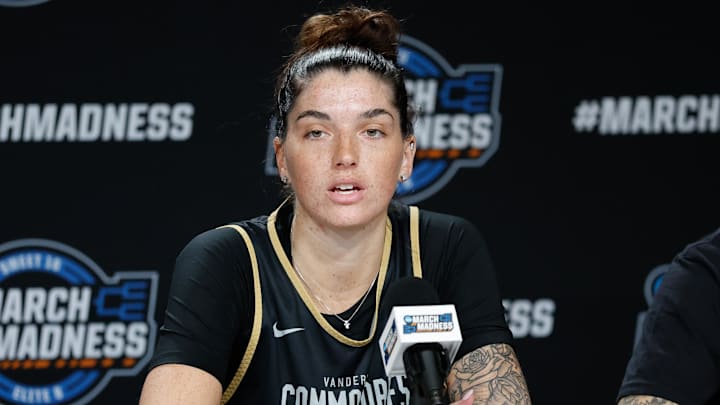 Mar 26, 2026; Fort Worth, TX, USA;  Vanderbilt Commodores guard Justine Pissott (13) speaks during a press conference ahead of the women's 2026 NCAA Tournament at Dickies Arena. Mandatory Credit: Chris Jones-Imagn Images