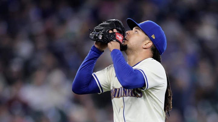 Seattle Mariners starting pitcher Luis Castillo (58) reacts after an out against the Los Angeles Angels during the sixth inning at T-Mobile Park. Seattle Mariners starting pitcher Luis Castillo (58) reacts after an out against the Los Angeles Angels during the sixth inning at T-Mobile Park.