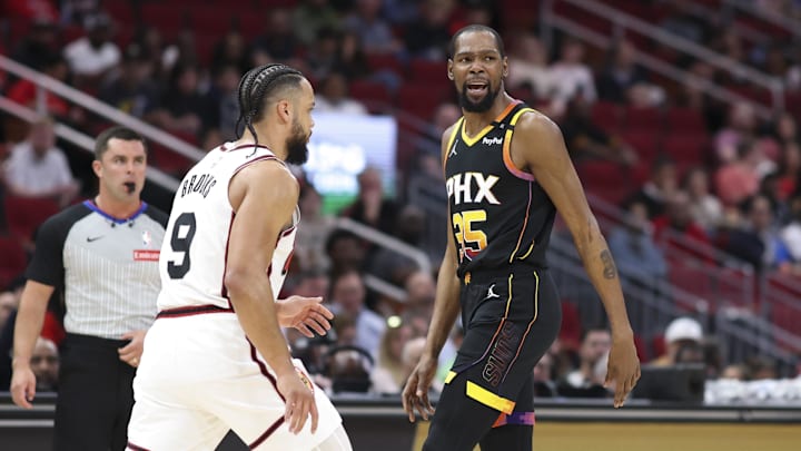 Mar 12, 2025; Houston, Texas, USA; Phoenix Suns forward Kevin Durant (35) reacts after a play during the first quarter against the Houston Rockets at Toyota Center. Mandatory Credit: Troy Taormina-Imagn Images