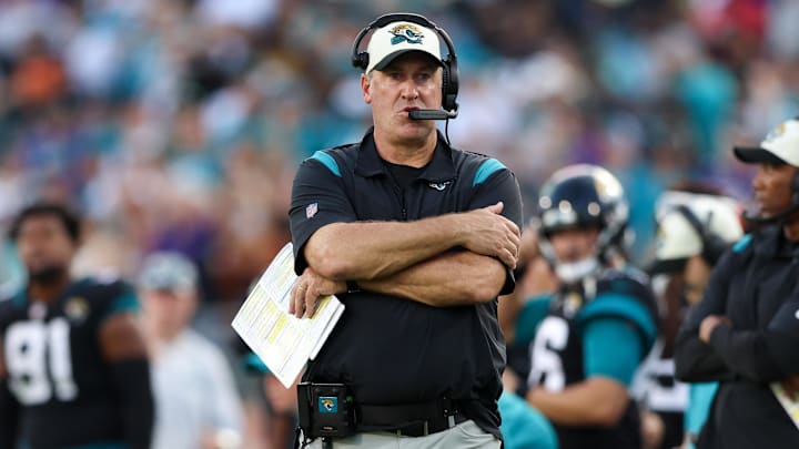 Nov 27, 2022; Jacksonville, Florida, USA;  Jacksonville Jaguars head coach Doug Pederson looks on from the sidelines against the Jacksonville Jaguars in the fourth quarter at TIAA Bank Field. Mandatory Credit: Nathan Ray Seebeck-Imagn Images