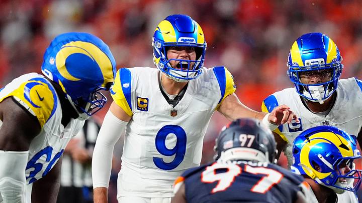 Sep 27, 2026; Denver, Colorado, USA;  Los Angeles Rams quarterback Matthew Stafford (9) calls a play during the first half against the Denver Broncos at Empower Field at Mile High.  Mandatory Credit: Ron Chenoy-Imagn Images