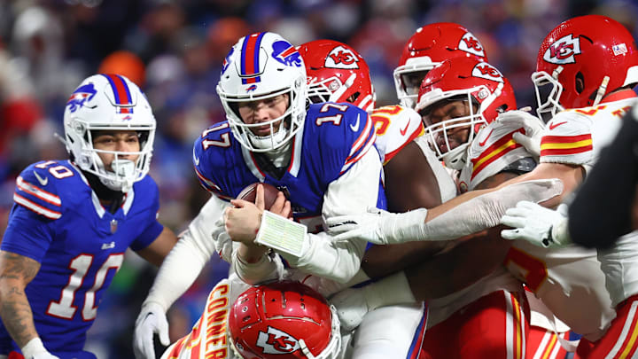 Jan 21, 2024; Orchard Park, New York, USA; Buffalo Bills quarterback Josh Allen (17) rushes the ball