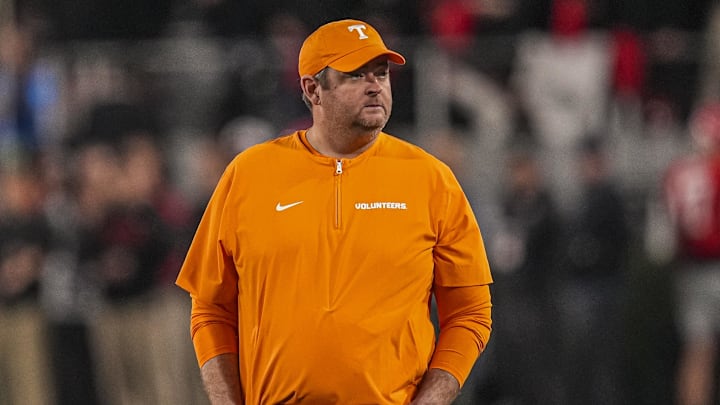 Nov 16, 2024; Athens, Georgia, USA; Tennessee Volunteers head coach Josh Heupel shown on the field prior to the game against the Georgia Bulldogs at Sanford Stadium. Mandatory Credit: Dale Zanine-Imagn Images