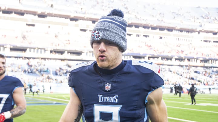 Jan 7, 2024; Nashville, Tennessee, USA;  Tennessee Titans quarterback Will Levis (8) walks off the field against the Jacksonville Jaguars during the second half at Nissan Stadium. Mandatory Credit: Steve Roberts-USA TODAY Sports