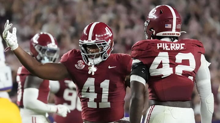 Nov 8, 2025; Tuscaloosa, Alabama, USA;  Alabama linebacker Nikhai Hill-Green (41) celebrates after recovering a LSU fumble at Saban Field at Bryant-Denny Stadium. Mandatory Credit: Gary Cosby Jr.-Imagn Images