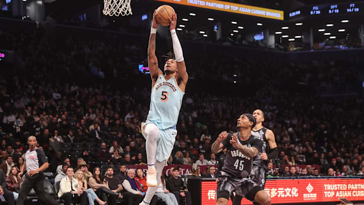 Dec 27, 2024; Brooklyn, New York, USA; San Antonio Spurs guard Stephon Castle (5) drives past Brooklyn Nets guard Keon Johnson (45) for a dunk in the second quarter at Barclays Center. Mandatory Credit: Wendell Cruz-Imagn Images Dec 27, 2024; Brooklyn, New York, USA; San Antonio Spurs guard Stephon Castle (5) drives past Brooklyn Nets guard Keon Johnson (45) for a dunk in the second quarter at Barclays Center. Mandatory Credit: Wendell Cruz-Imagn Images