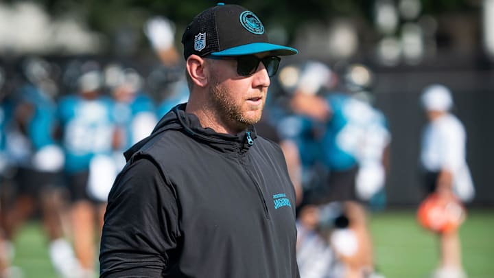 Jacksonville Jaguars head coach Liam Coen watches drills during the seventh organized team activity at the Miller Electric Center in Jacksonville, Fla. Monday, June 2, 2025. [Doug Engle/Florida Times-Union]