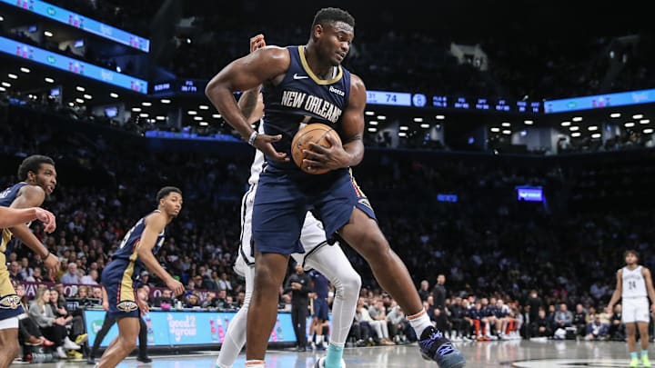 Mar 19, 2024; Brooklyn, New York, USA;  New Orleans Pelicans forward Zion Williamson (1) grabs a rebound in the fourth quarter against the Brooklyn Nets at Barclays Center. Mandatory Credit: Wendell Cruz-Imagn Images