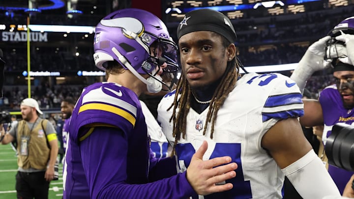 Dec 14, 2025; Arlington, Texas, USA; Minnesota Vikings quarterback J.J. McCarthy (9) talks to Dallas Cowboys cornerback Shavon Revel Jr. (34) after a game at AT&T Stadium. Mandatory Credit: Kevin Jairaj-Imagn Images Dec 14, 2025; Arlington, Texas, USA; Minnesota Vikings quarterback J.J. McCarthy (9) talks to Dallas Cowboys cornerback Shavon Revel Jr. (34) after a game at AT&T Stadium. Mandatory Credit: Kevin Jairaj-Imagn Images
