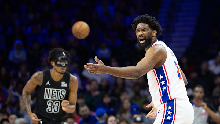 Feb 22, 2025; Philadelphia, Pennsylvania, USA; Philadelphia 76ers center Joel Embiid (21) reacts after a play against the Brooklyn Nets during the first quarter at Wells Fargo Center. Mandatory Credit: Bill Streicher-Imagn Images