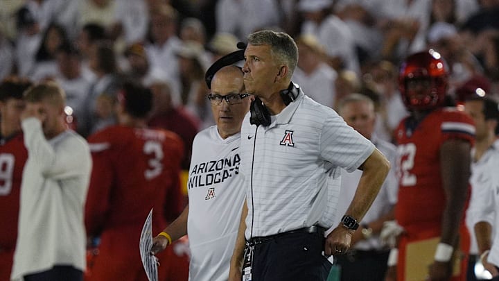 Arizona wildcats’ head coach Brent Brennan watches the game from the side line during the fourth quarter against Iowa State in the Big-12 conference showdown on Sept. 27, 2025, at Jack Trice Stadium in Ames, Iowa. Arizona wildcats’ head coach Brent Brennan watches the game from the side line during the fourth quarter against Iowa State in the Big-12 conference showdown on Sept. 27, 2025, at Jack Trice Stadium in Ames, Iowa.
