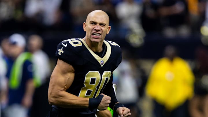 Jimmy Graham flexes during his last season with the Saints in 2023.