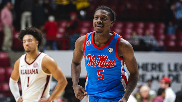 Jan 14, 2025; Tuscaloosa, Alabama, USA; Mississippi Rebels guard Jaylen Murray (5) and Alabama Crimson Tide guard Mark Sears (1) walk off the court following the end of the game at Coleman Coliseum. Mandatory Credit: Will McLelland-Imagn Images Jan 14, 2025; Tuscaloosa, Alabama, USA; Mississippi Rebels guard Jaylen Murray (5) and Alabama Crimson Tide guard Mark Sears (1) walk off the court following the end of the game at Coleman Coliseum. Mandatory Credit: Will McLelland-Imagn Images