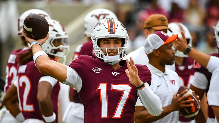 Sep 12, 2026; Blacksburg, Virginia, USA;  Virginia Tech Hokies quarterback Ethan Grunkemeyer (17) warms up before the game against the Old Dominion Monarchs at Lane Stadium.  Mandatory Credit: Brian Bishop-Imagn Images