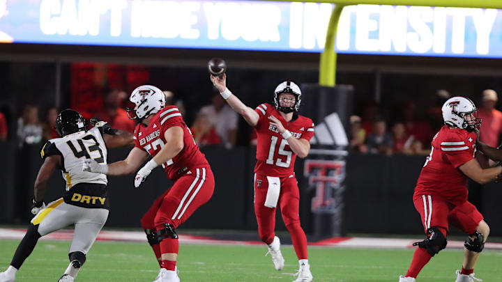 Aug 30, 2025; Lubbock, Texas, USA;  Texas Tech Red Raiders  quarterback Will Hammond (15) passes in the second half against the Arkansas-Pine Bluff Golden Lions at Jones AT&T Stadium. Mandatory Credit: Michael C. Johnson-Imagn Images