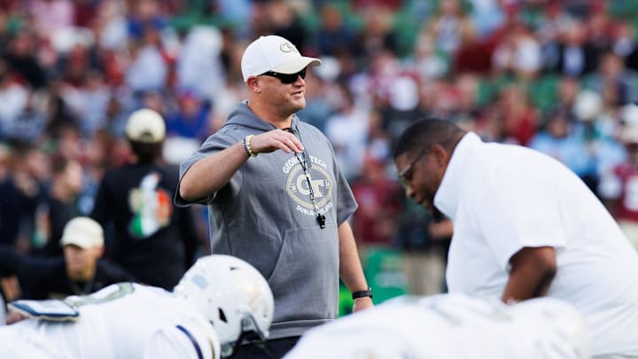 Aug 24, 2024; Dublin, IRL; Georgia Tech head coach Brent Key before the game against Florida State at Aviva Stadium. Mandatory Credit: Tom Maher/INPHO via Imagn Images