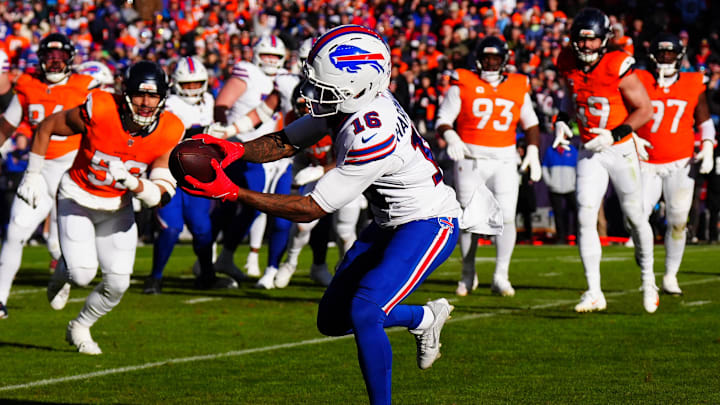 Jan 17, 2026; Denver, CO, USA; Buffalo Bills wide receiver Mecole Hardman Jr. (16) catches a touchdown pass during the first quarter of an AFC Divisional Round playoff game against the Denver Broncos at Empower Field at Mile High. Mandatory Credit: Ron Chenoy-Imagn Images