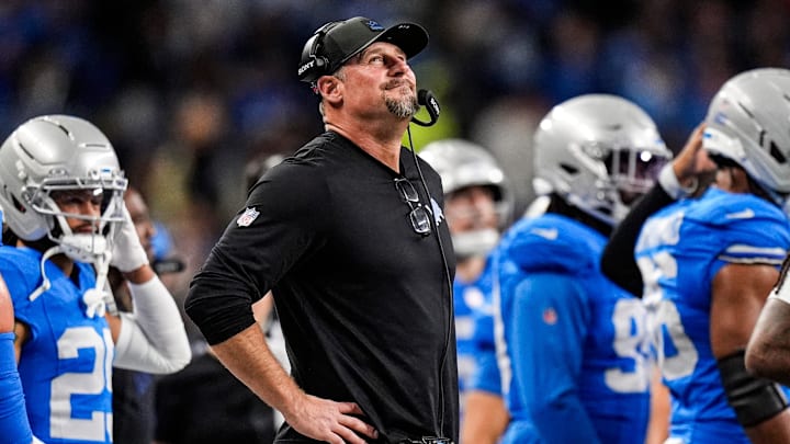 Detroit Lions head coach Dan Campbell reacts to a play against Green Bay Packers during the first half at Ford Field in Detroit on Thursday, Nov. 27, 2025.