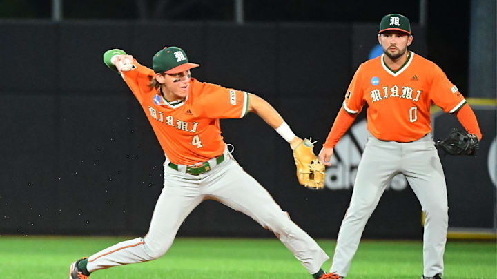 Miami Hurricanes shortstop Jake Ogden (4) makes a play against the Southern Miss Golden Eagles during the final game of the 2025 NCAA Hattiesburg Regional game at Pete Taylor Park in Hattiesburg, Mississippi, on June 2, 2025.