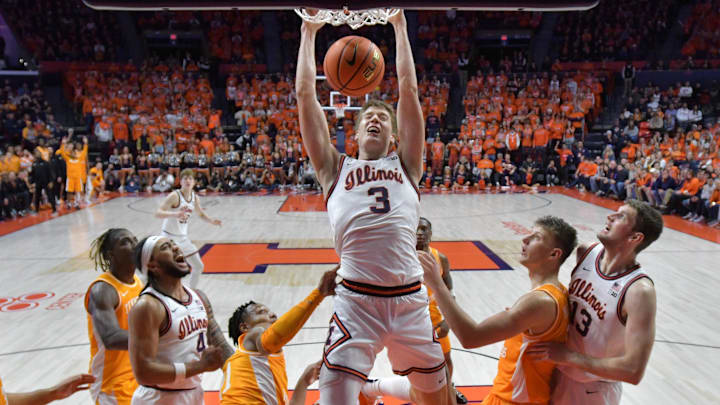 Dec 14, 2024; Champaign, Illinois, USA;  Illinois Fighting Illini forward Ben Humrichous (3) dunks the ball during the second half against the Tennessee Volunteers at State Farm Center. Mandatory Credit: Ron Johnson-Imagn Images