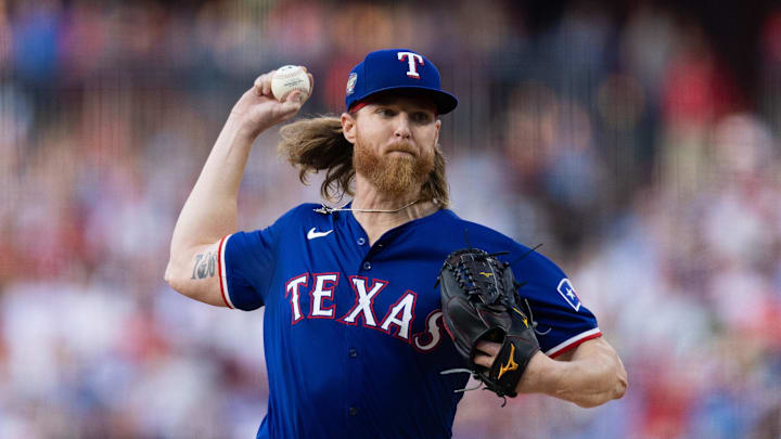 May 21, 2024; Philadelphia, Pennsylvania, USA; Texas Rangers pitcher Jon Gray (22) throws a pitch during the second inning against the Philadelphia Phillies at Citizens Bank Park. Mandatory Credit: Bill Streicher-USA TODAY Sports